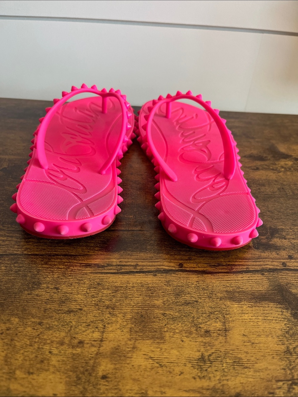 Christian Louboutin Neon Pink and Red Studded Flip Flops Size 38 - Picture 6 of 14